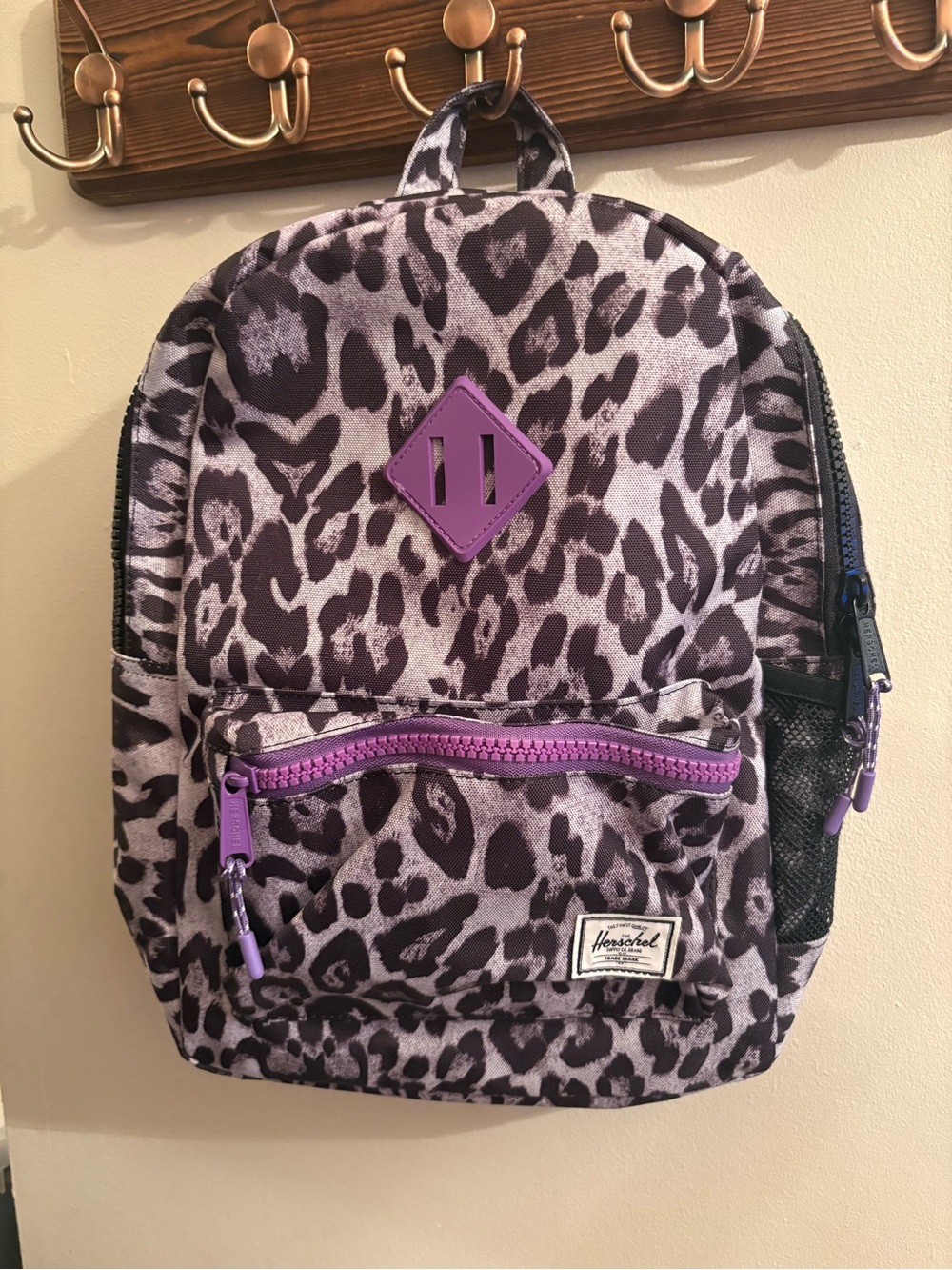NWT Herschel Supply Kids Leopard Print Mini Backpack with Purple Details 16L